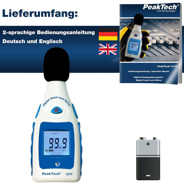 PeakTech Digital Schallpegelmessgerät 30-130 Db in A-Bewertung, 1/2 Zoll Mikrofon, Klasse 2, Lärmmes