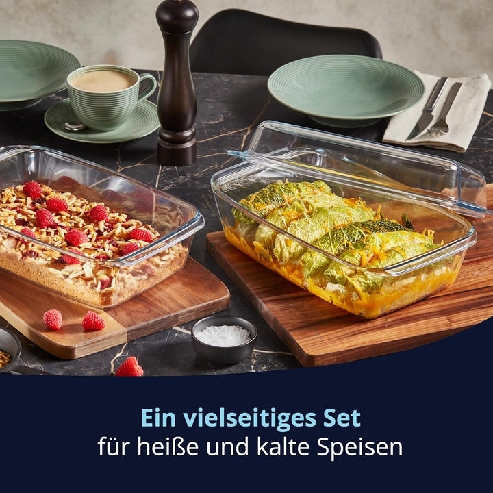KHG Auflaufformen aus Glas mit Deckel 2er Set 3 Liter Rechteckig für kalte &amp; warme Speisen, spülmasc