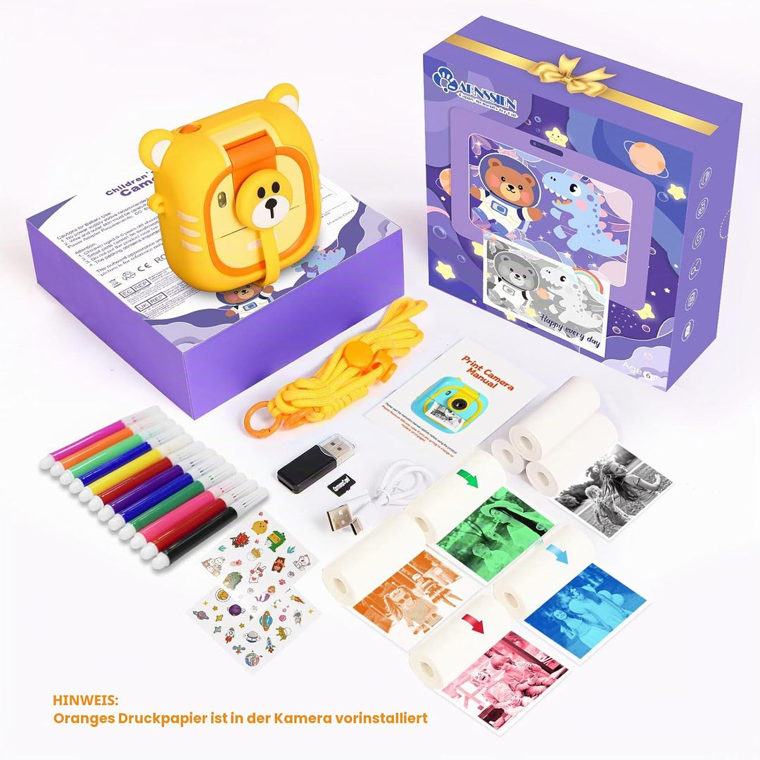 ARNSSIEN Sofortbildkamera Kinder,7 Druckpapier (4x Farbe: Orange/Rot/Grün/Blau + 3x SW),2.4" Kinderk