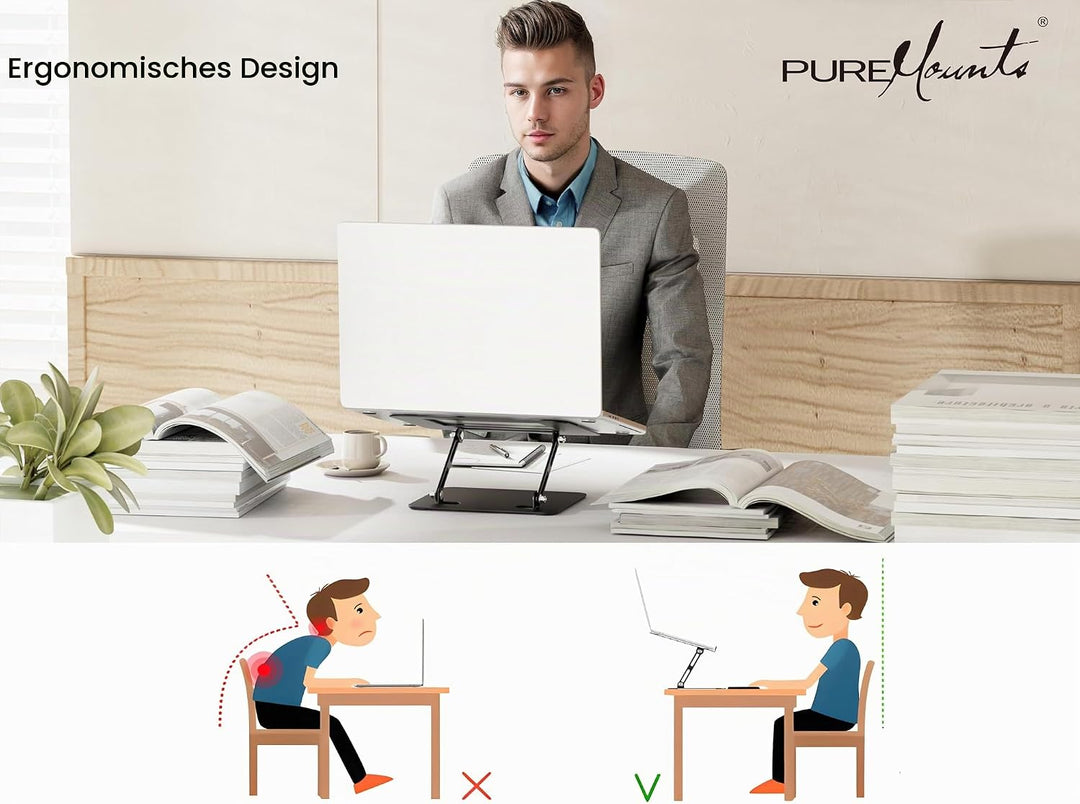 PureMounts Laptop Ständer Höhenverstellbarer, Faltbarer &amp; Ergonomischer Notebookhalter für Home Offi