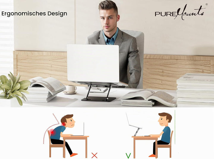 PureMounts Laptop Ständer Höhenverstellbarer, Faltbarer &amp; Ergonomischer Notebookhalter für Home Offi