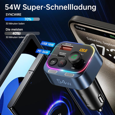 Syncwire FM Transmitter 5.4 Bluetooth Adapter Auto 54W PD & QC 3.0 USB C Auto Ladegerät [Stärkere Du