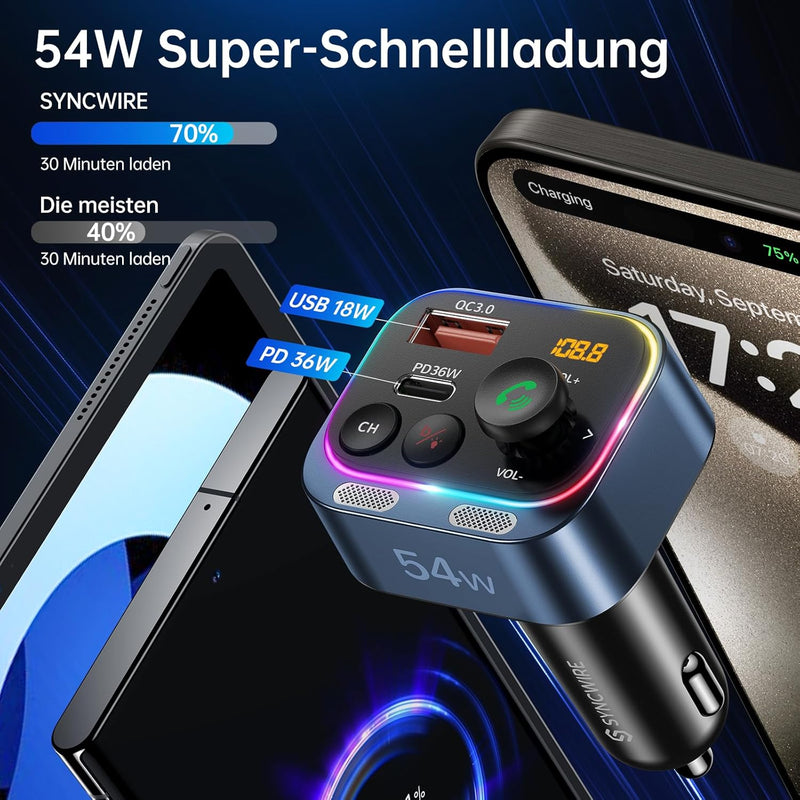 Syncwire FM Transmitter 5.4 Bluetooth Adapter Auto 54W PD & QC 3.0 USB C Auto Ladegerät [Stärkere Du