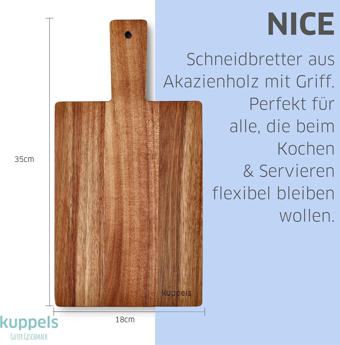 Kuppels NICE 2er Set Holz Schneidebrett mit Griff 35x18 cm, Akazienholz Servierbrett zum Schneiden u