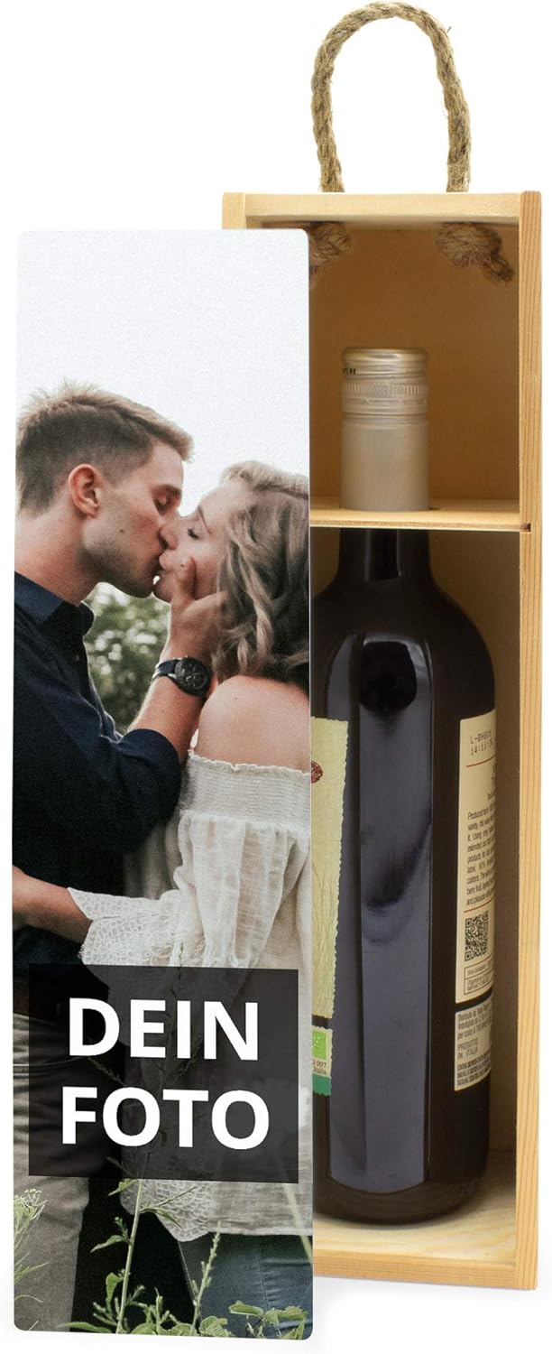 PhotoFancy® - Weinkiste mit eigenem Foto selbst gestalten – Weinbox mit deinem Motiv mit Tragekordel