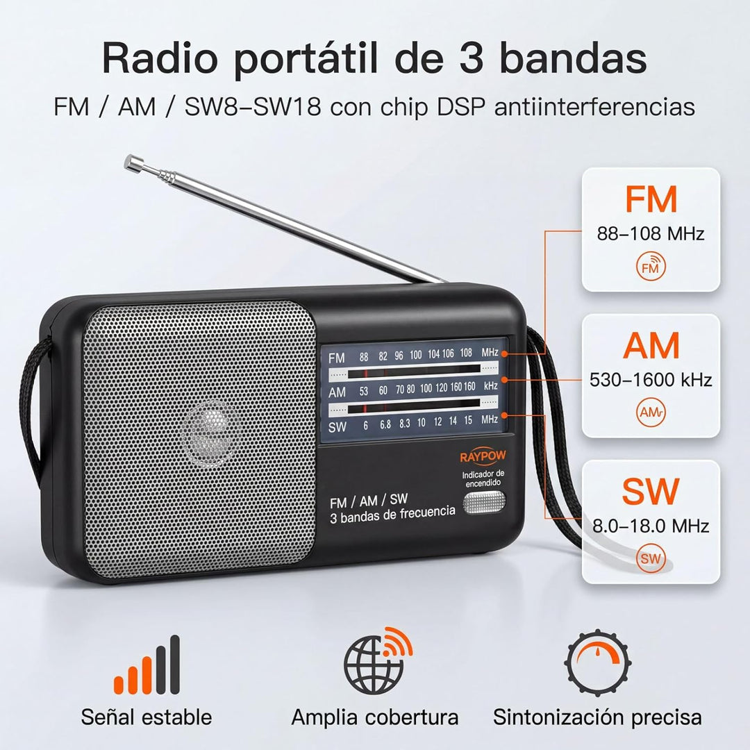 Tragbares Radio, 3-Band-FM/AM/SW8~SW18 Transistorradio, tragbare Tasche, funktioniert mit 2 AA-Batte