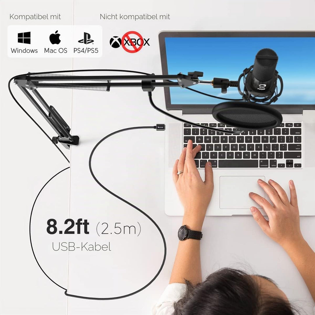 FIFINE Streaming Mikrofon PC mit Arm, USB Mikrofon PS4 PS5 MAC, Popfilter, Shock Mount, für Gaming P