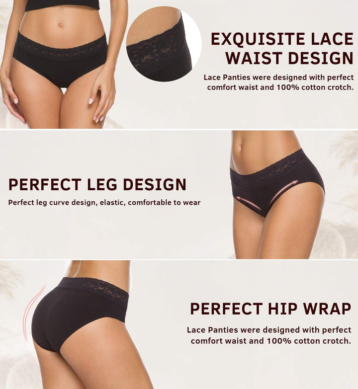 GNEPH Damen-Unterwäsche, Baumwolle, Bikini-Höschen für Damen, Unterhose, Slips, Hipster, Spitze, 5er