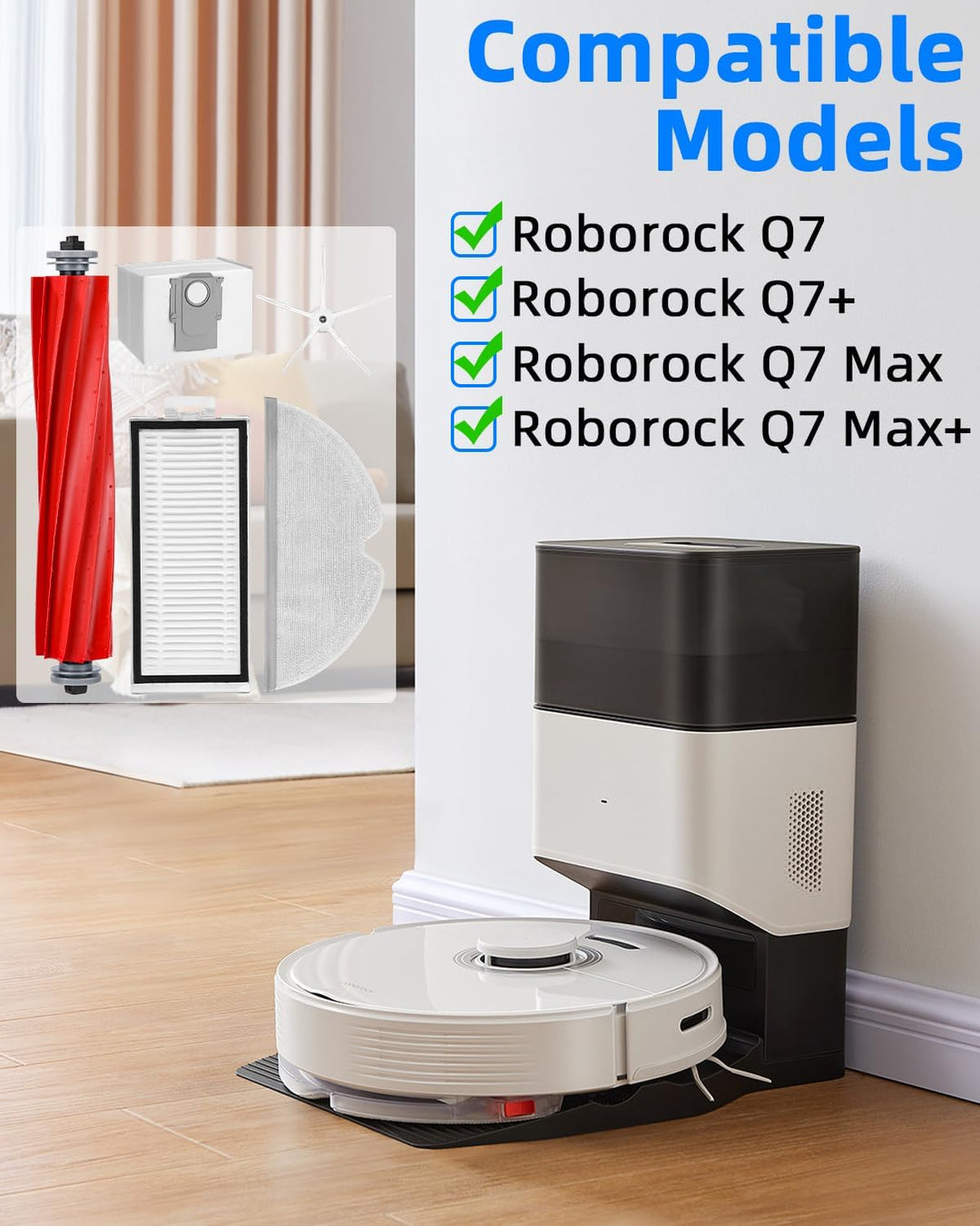 Zubehör für Roborock Q7/ Q7+/Q7 Max/Q7 Max+ Staubsauger, 2 Hauptbürste, 4 HEPA Filter, 6 Seitenbürst