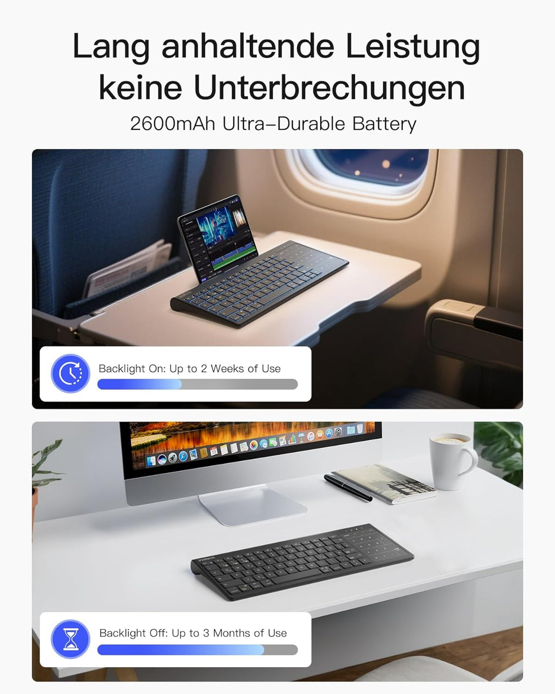 Inateck Tablet Tastatur, 2-IN-1 Ziffernblock&TouchpadVersteckter Ständer, 3 BT-Kanäle, 7-Farben Hint