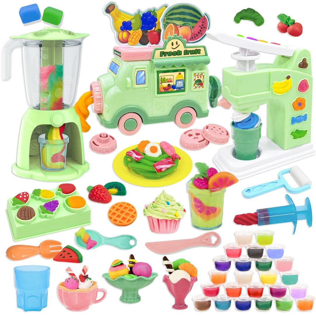 VBACALA KneteSet,Kinderknete Kitchen Creative Knete Eismaschine+Nudelmaschine+Smoothie Mixer Maschin