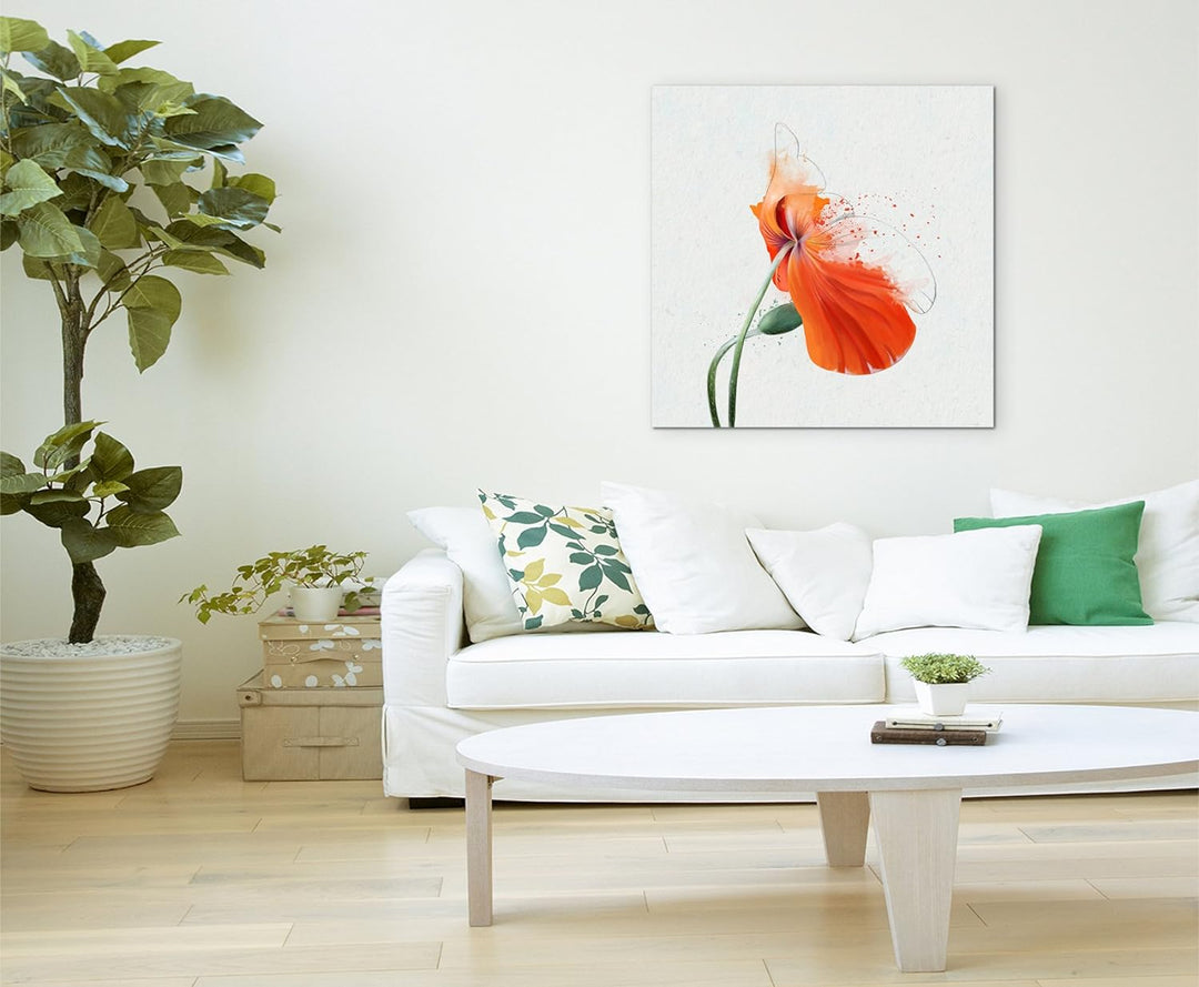 Wandbild 90x90cm Orange Mohnblumen im Splash Art Stil auf Leinwand für Wohnzimmer, Büro, Schlafzimme