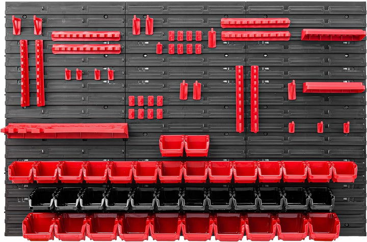 Lagersystem Werkstattregal | 117 x 78 cm | 38 stck. Box | Wandregal mit Werkzeughalterungen und Stap