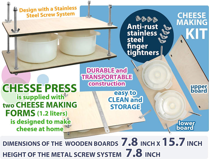 Käsepresse für die Käseherstellung, 40,6 cm, Käseherstellungs-Set mit Holz-Käsepresse und 2 Käseform