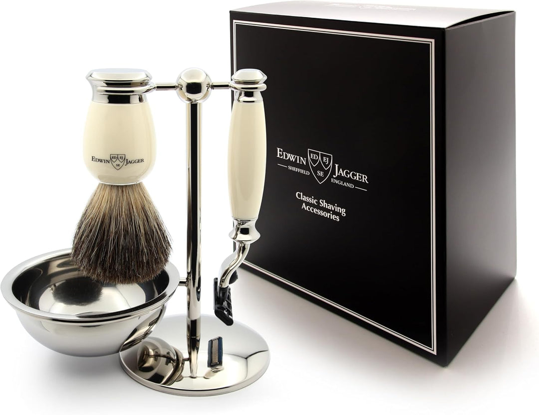 Edwin Jagger S81M587BAMZ Klassisches Rasierset aus Elfenbeinimitat und Nickel mit reinem Dachs-Rasie