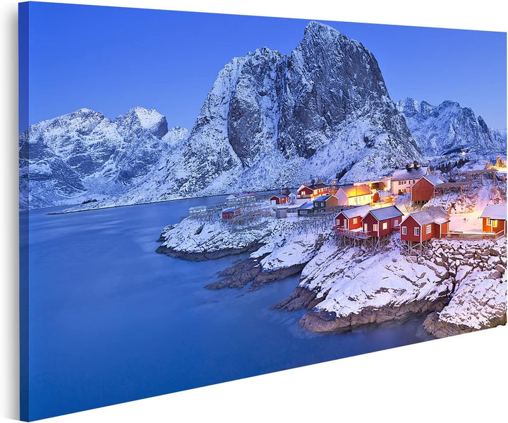 islandburner Bild auf Leinwand Norwegische Fischerhütten Lofoten Winter Bilder Wandbilder Poster Lei
