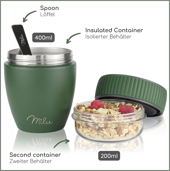 Milu Müslibecher to go 400ml I isolierter Edelstahl Joghurtbecher für Müsli I auslaufsicherer Becher