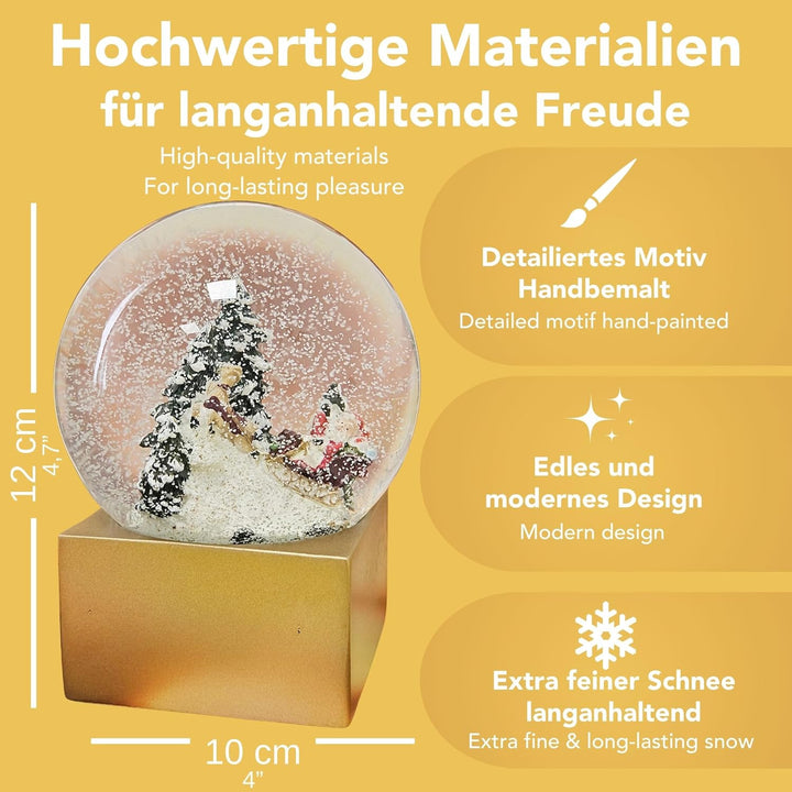 Weihnachts-Schneekugel | Weihnachtsmann mit Geschenken | Farbe rot Gold | 100mm breit, 120mm hoch |