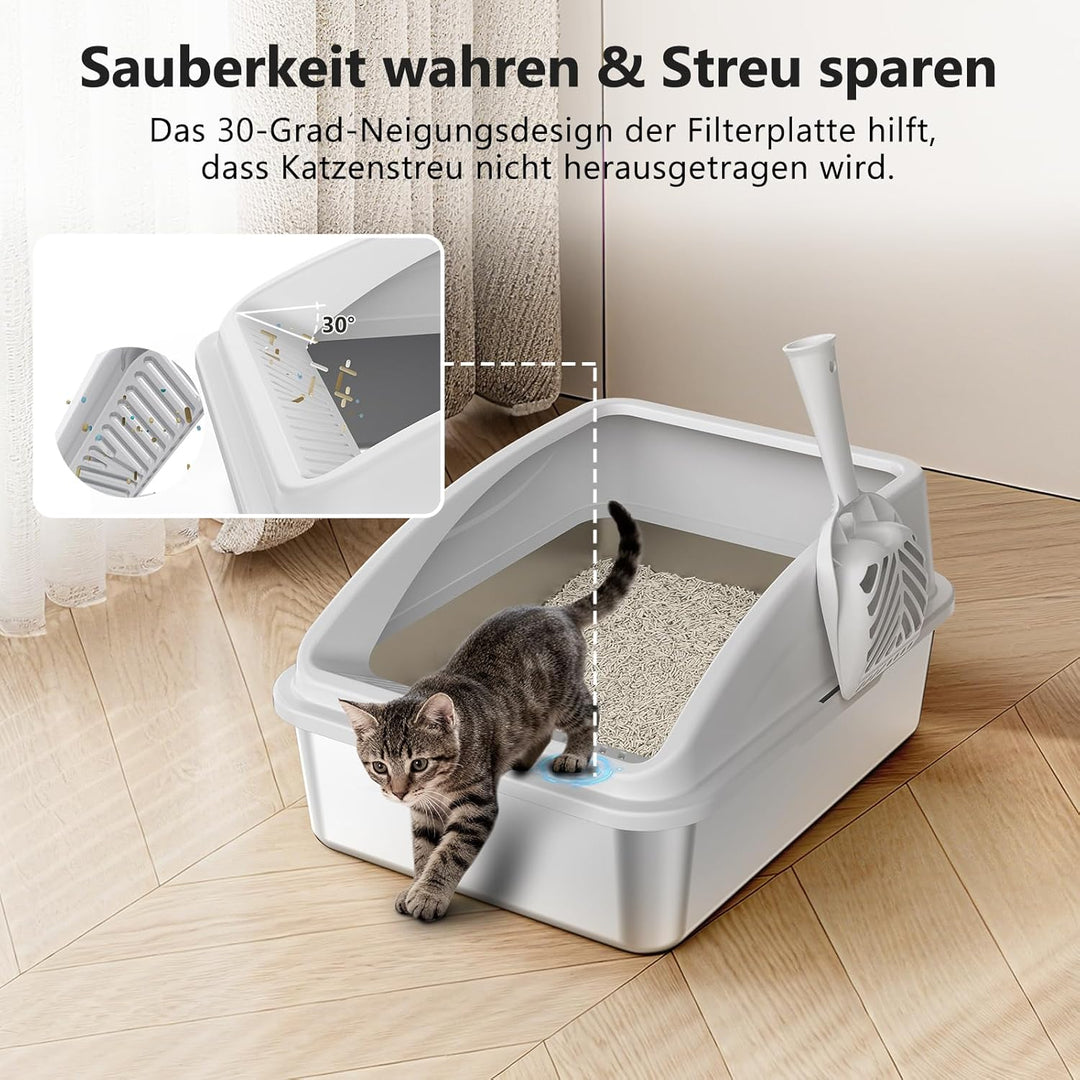 FURTIME Katzenklo Edelstahl, Katzentoilette Edelstahl 18L mit Schaufel, Katzenklo Metall mit Hochwan