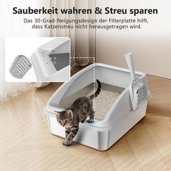 FURTIME Katzenklo Edelstahl, Katzentoilette Edelstahl 18L mit Schaufel, Katzenklo Metall mit Hochwan