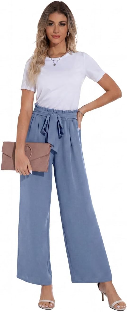PrinStory Damen Hose Mit Weitem Bein Leichte Elastische Taille Sommer Hose Mit Taschen Kausale Arbei
