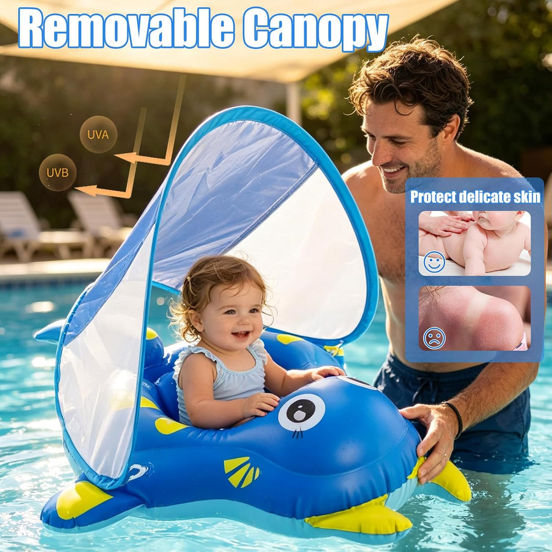 Schwimmring Baby mit Sonnendach Schwimmhilfe mit Sitz Abnehmbares Dach Stabile Form Rochen Design fü