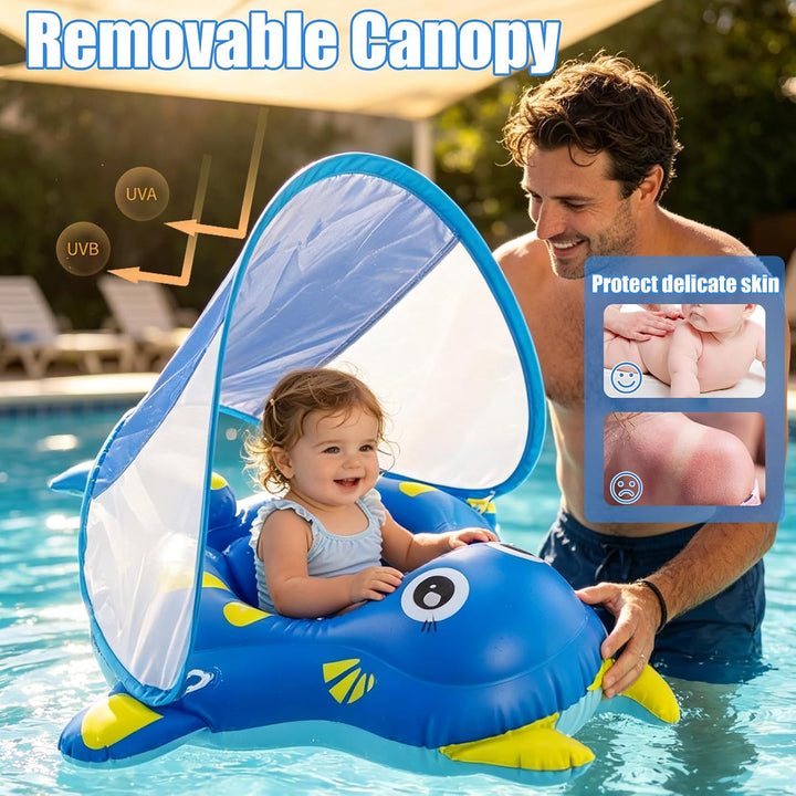 Schwimmring Baby mit Sonnendach Schwimmhilfe mit Sitz Abnehmbares Dach Stabile Form Rochen Design fü