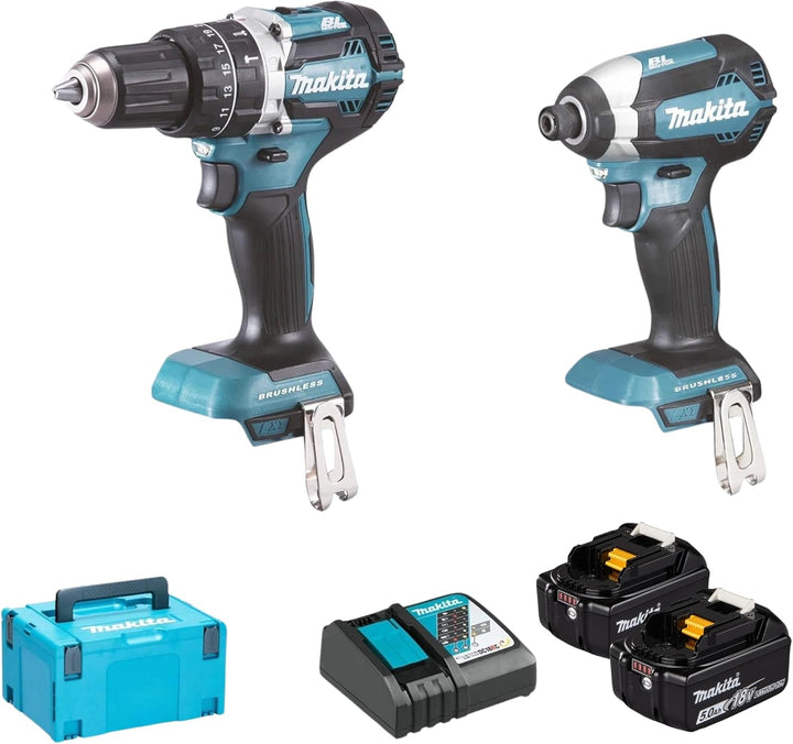 Makita DHP484 Schlagbohrmaschine + Dtd153 Schlagschrauber mit 2 Batterien 18 V 5 Ah DLX2180TJ