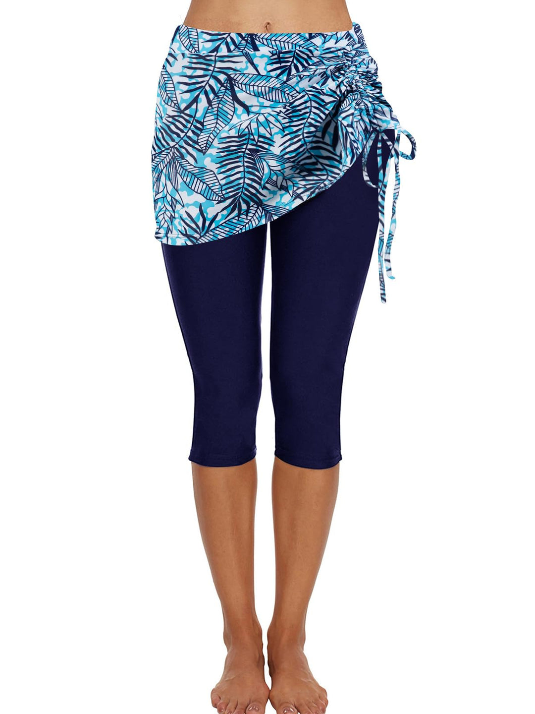 Ecupper Badehose Damen Lang Schwimmhose Capri Badeleggings Mit Rock Schwimm L Blauer Tropenblatt, L