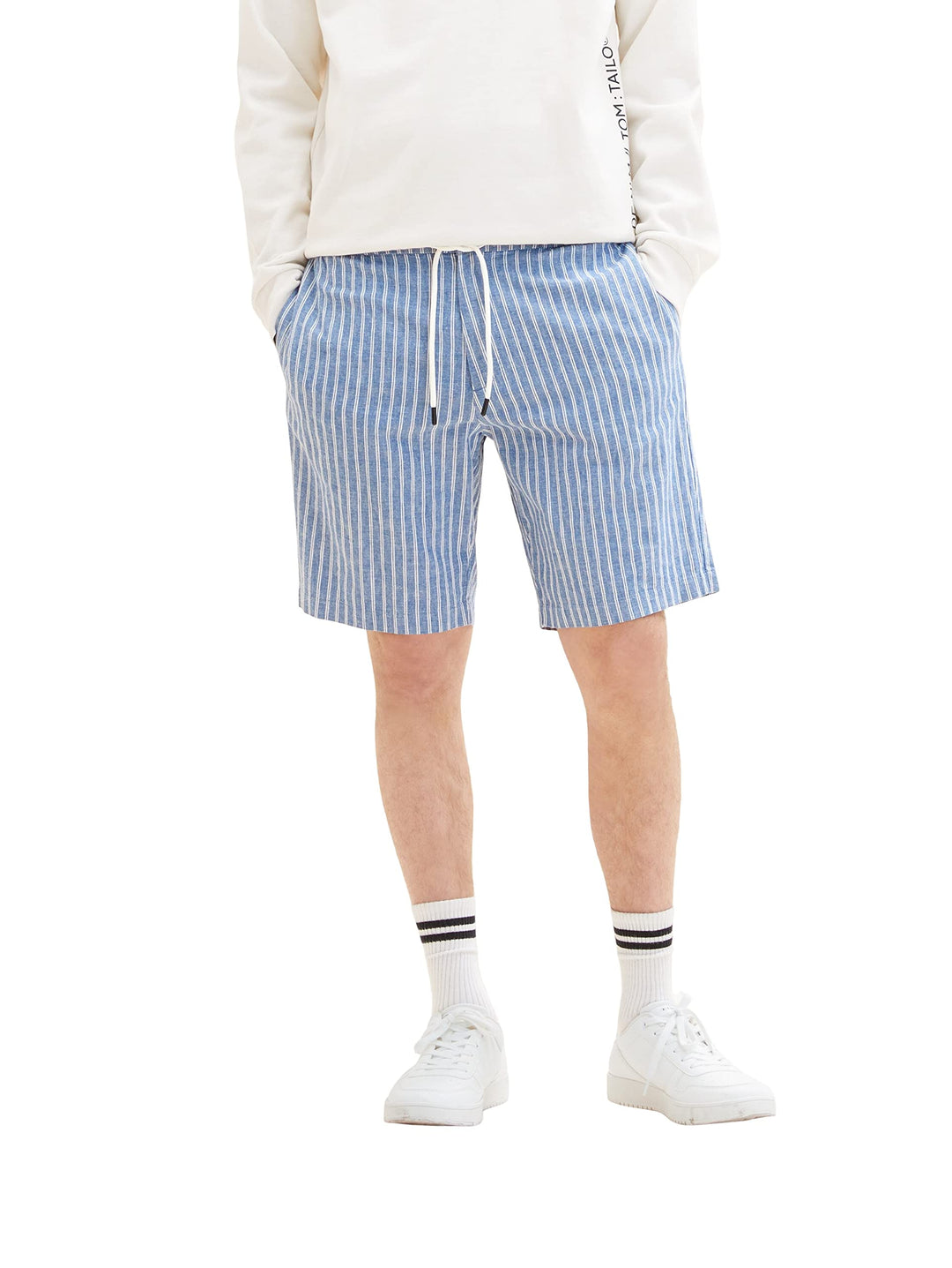 TOM TAILOR Denim Herren Bermuda Shorts aus Leinen, L 31162 - Blue White Stripe