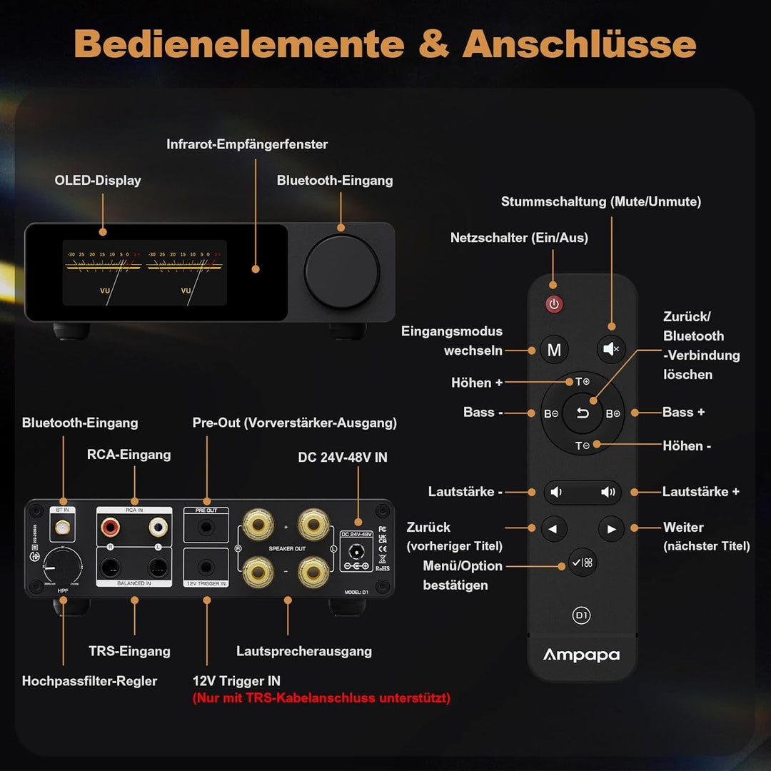 D1 2-Kanal Bluetooth Verstärker: HiFi 300W×2 Stereo Amplifier mit HPF | Digitalem VU-Meter | SUB Pre