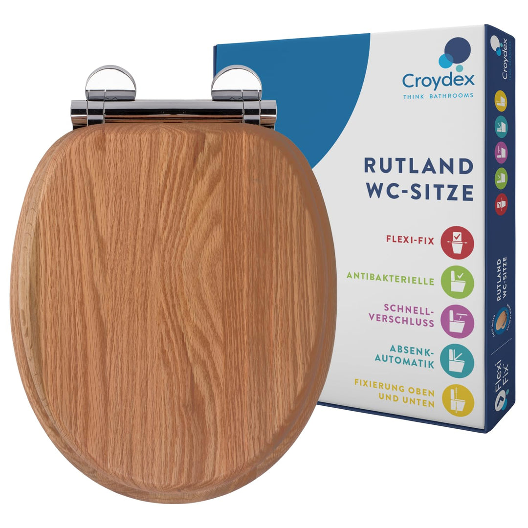Croydex Always Fits Toilettensitz, Eiche, Massives Eichenholz, 41.5 x 36.5 x 6 cm, Massives Eichenho