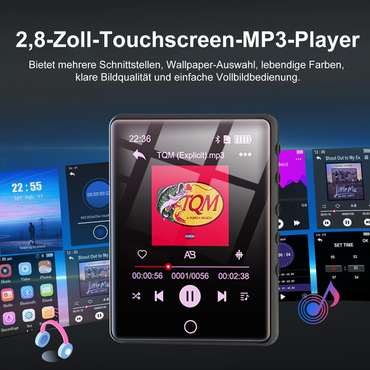 64GB MP3-Player Bluetooth 5.1, 2,8-Zoll-Touchscreen-Musikplayer, Tragbarer MP3 Player mit HD-Lautspr
