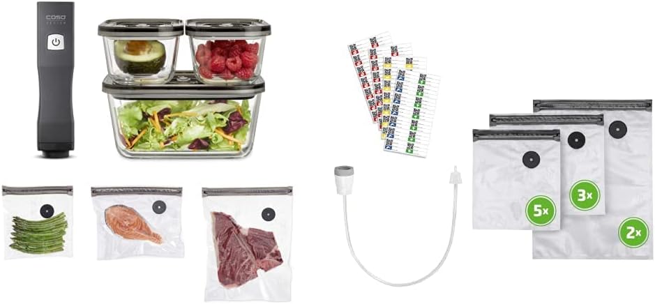 CASO Vacu OneTouch Eco-Set, Handvakuumierer inkl. 3 Vakuumbehälter aus Glas, 10 ZIP-Beutel und Food