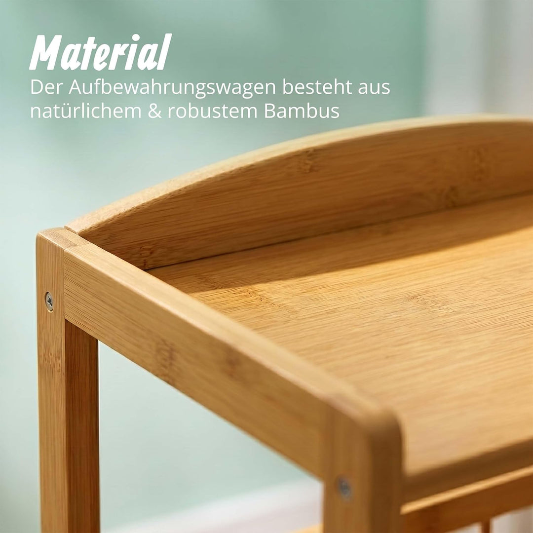 Relaxdays Servierwagen, Bambus, HxBxT: 80 x 53 x 30 cm, 3 Etagen, Natur | Rollregal für Küche &amp; Wohn