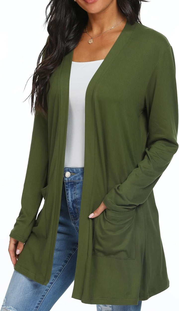 QIXING Casual Leichte Strickjacke Damen Lang Elegant Dünne Strickjacke Lange Ärmel mit Taschen Open