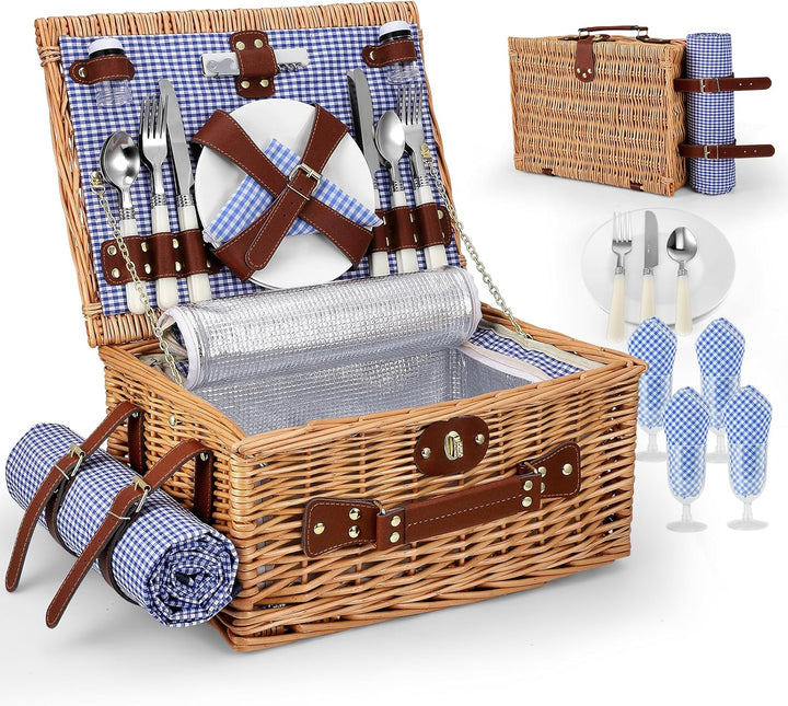 Picknickkorb für 4 Personen, handgeflochtener Korb mit eingebauter Isolierung und wasserdichter Deck