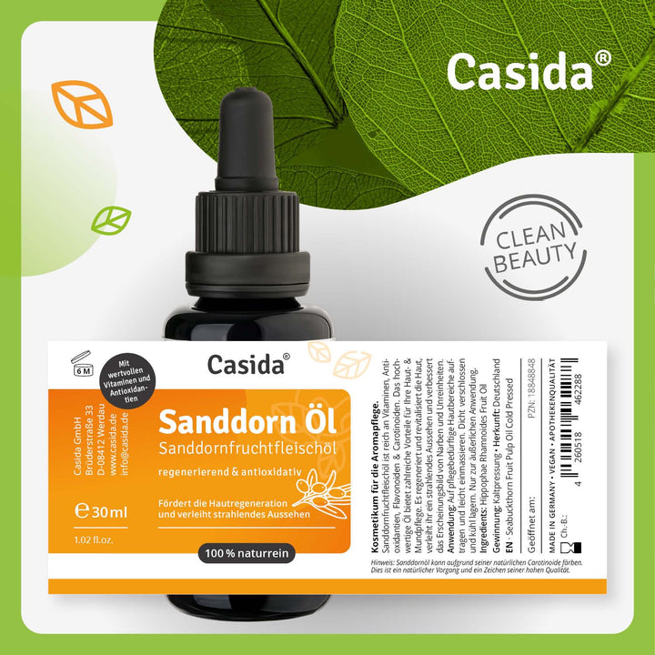 Casida® Sanddornöl - Sanddornfruchtfleischöl naturrein - Hautpflege Öl für intensive Pflege und Rege