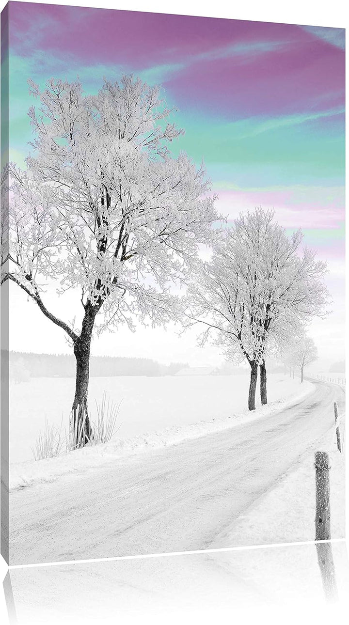 Schneebedeckter Baum in schöner Winterlandschaft schwarz/weiss, Format: 80x120 auf hochkantiges Lein