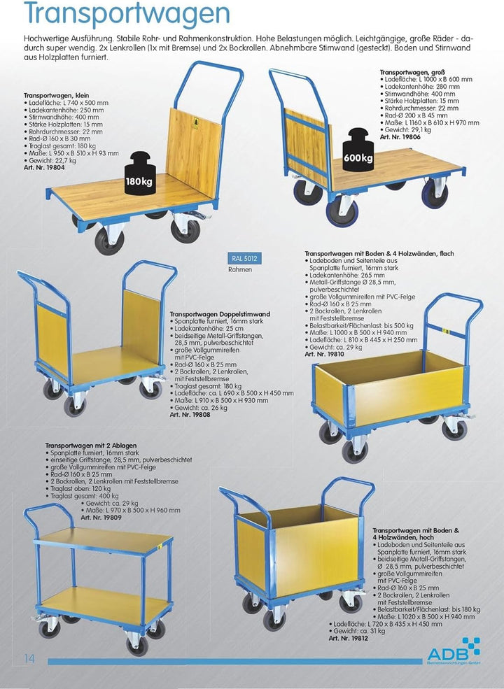 ADB Transportwagen L740xB500 mm Plattenwagen Ladefläche Handwagen Transportkarre Magazinwagen, L740x