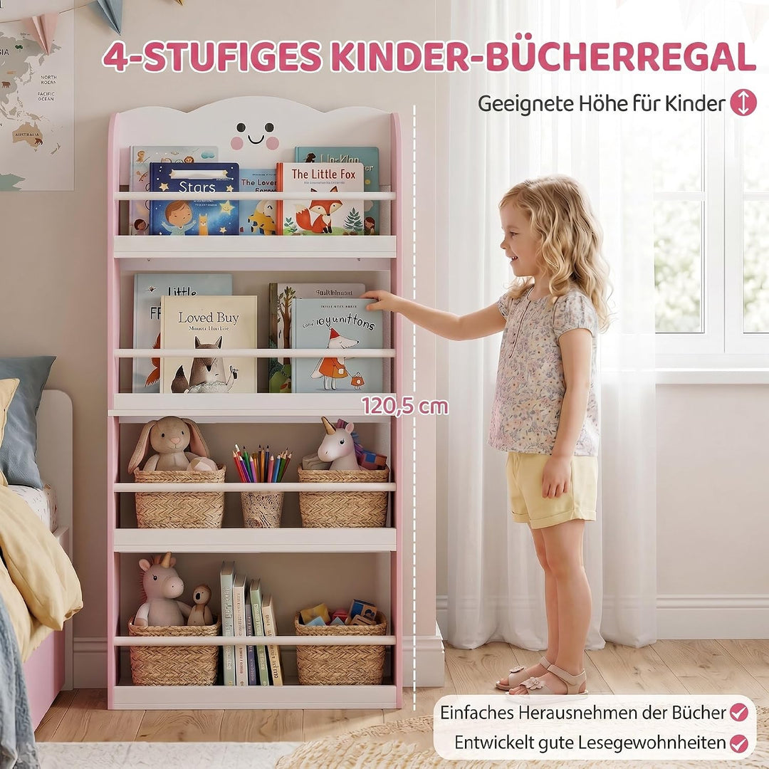 AIYAPLAY Bücherregal Kinder Wandregal mit 4 Etagen 60 x 15 x 120 cm Rosa | Zuckerwatte-Design, Spiel