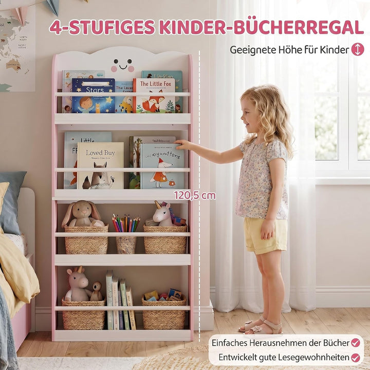 AIYAPLAY Bücherregal Kinder Wandregal mit 4 Etagen 60 x 15 x 120 cm Rosa | Zuckerwatte-Design, Spiel