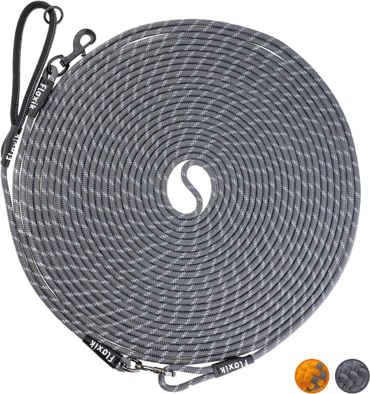 Floxik Schleppleine für Hunde | 5m, 10m, 15m, 20m grau | reflektierende Tauleine mit Abnehmbarer Han