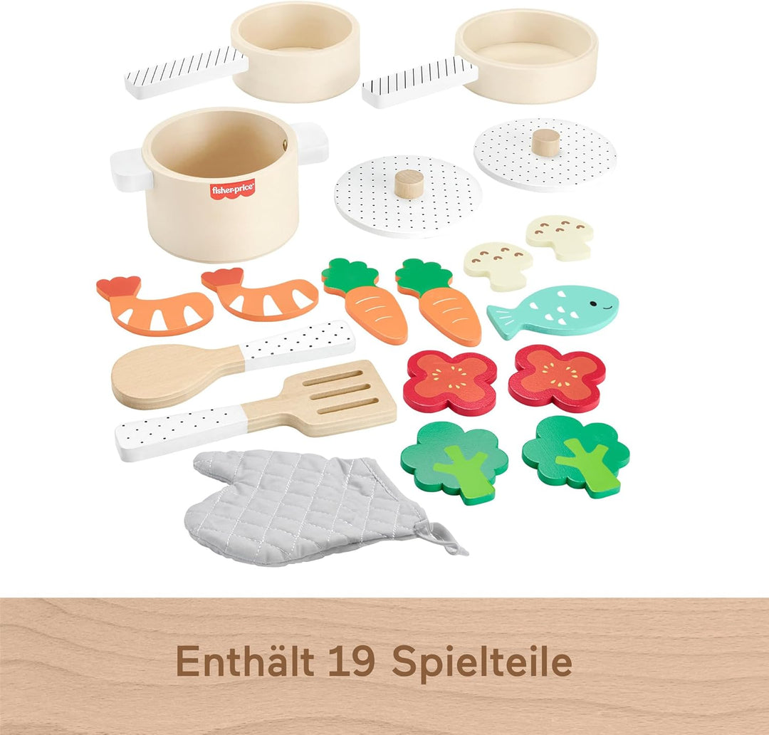 Fisher-Price Kochgeschirr-Set aus Holz für Rollenspiele, 19 Holzteile für Kindergartenkinder ab drei
