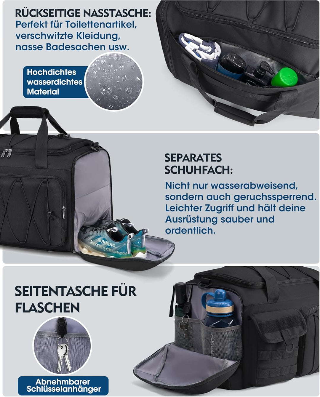RAINSMORE 45L Sporttasche Herren Damen, 3-IN-1 Reisetasche mit Schuhfach Nassfach, Wasserdicht Gym D