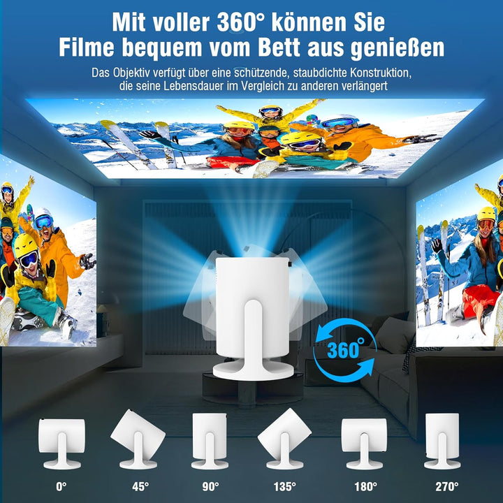 Tragbarer Mini Beamer 4K mit WiFi 6 und Bluetooth, Kleiner Projektor für unterwegs, 360° drehbarer F