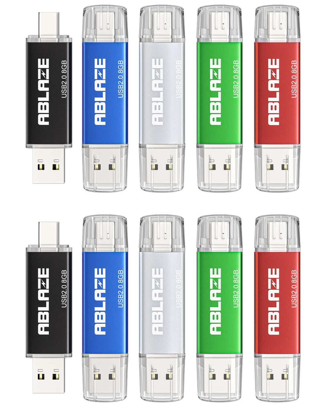 10 Stück USB C Stick 8GB OTG 2.0, ABLAZE Dual Speicherstick 2-IN-1 für Type-C Handy/Smartphone/Lapto