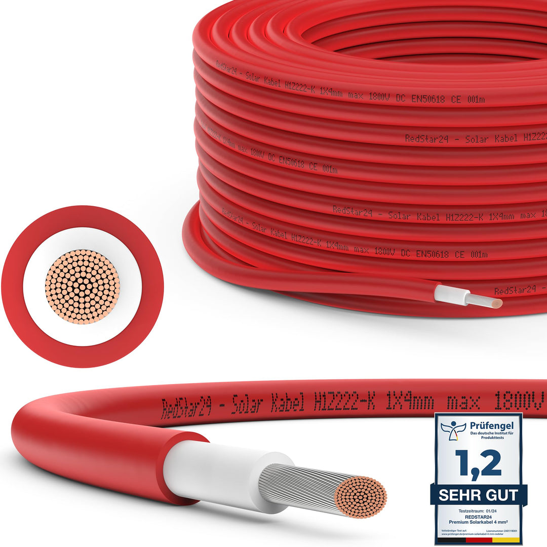 RedStar24 Premium Solarkabel 4mm² Rot - 30m - TÜV SÜD geprüft - UV-beständig, flexibel, Photovoltaik
