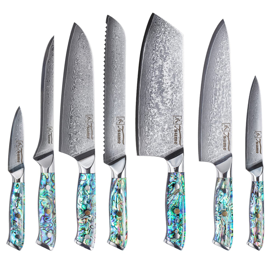 Tsume Profi Set Abalone, Messerset mit 7 Premium Küchenmessern, Echte Damast Küchenmesser mit Perlmu