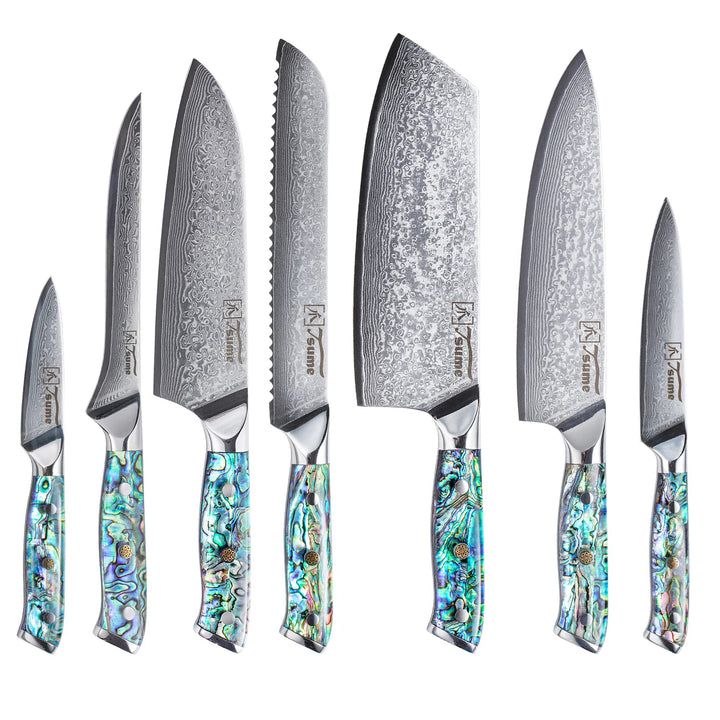 Tsume Profi Set Abalone, Messerset mit 7 Premium Küchenmessern, Echte Damast Küchenmesser mit Perlmu